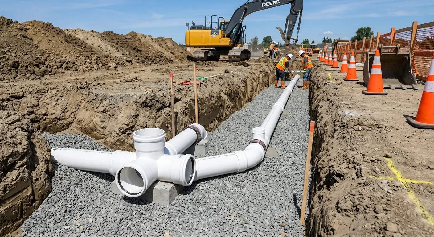 New PVC sewer pipe installation in open trench for Grease Trap Cleaning in Provo