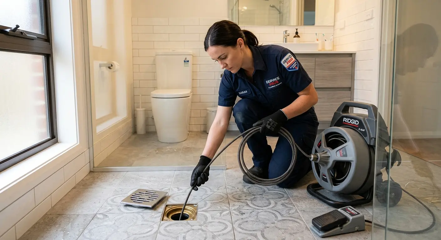 Technician clearing a bathroom floor drain for Drain Repair in Provo